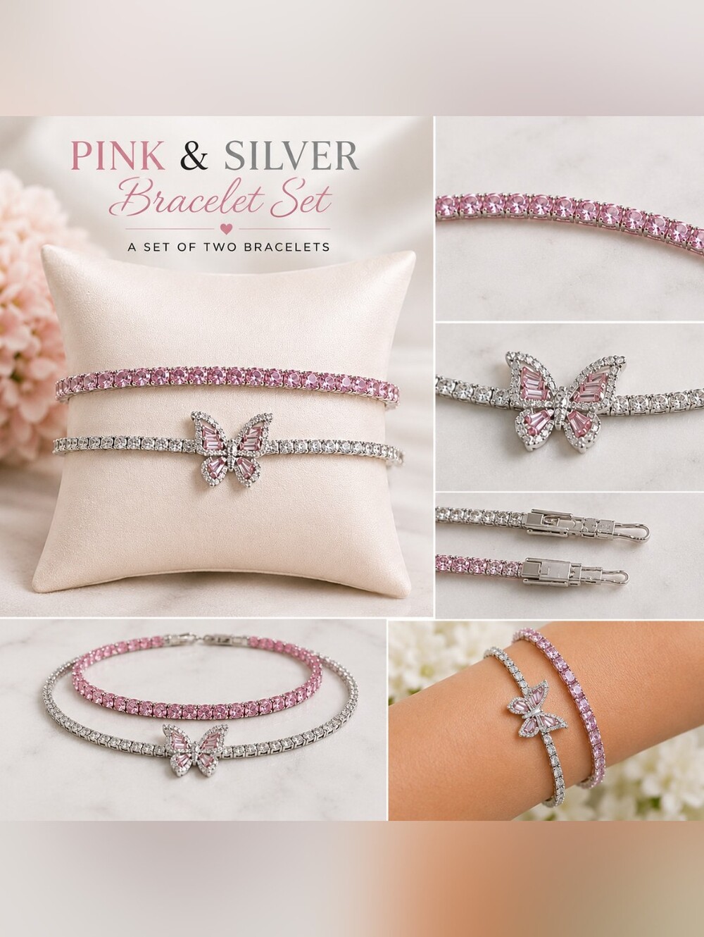 Pink & Silver Tennis Bracelet Set | Butterfly Bracelet | 7.5"